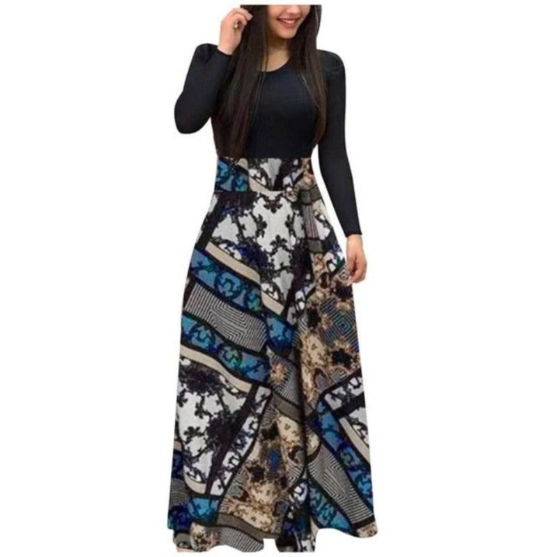 Long Sleeve Printed Patchwork Dress - Easy Pickins Store