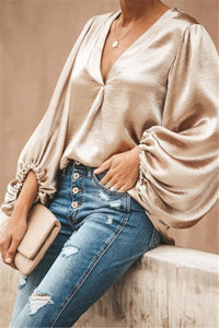 V Neck Low Cut Lantern Sleeve Loose Elegant Smooth Silk Blouse - Easy Pickins Store