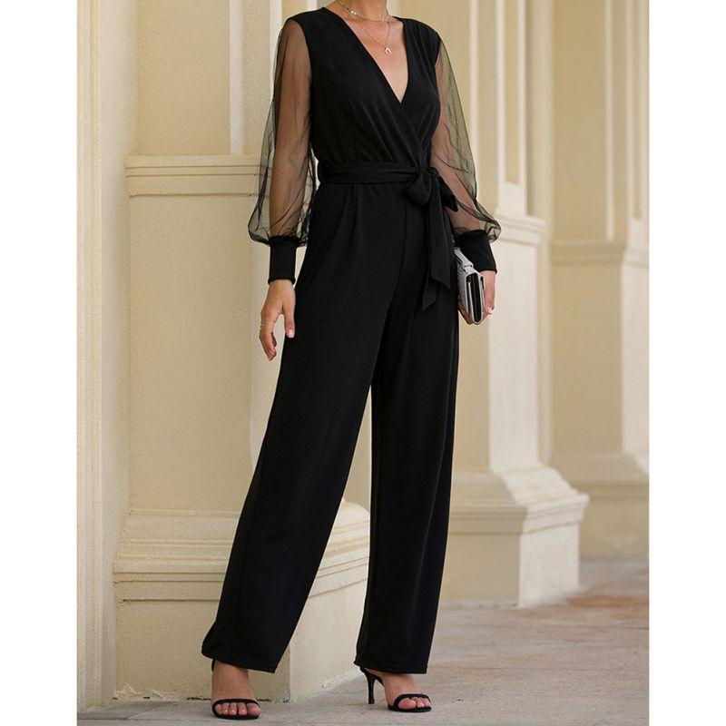 V neck Mesh Long Sleeve Lace up Black Jumpsuit - Easy Pickins Store