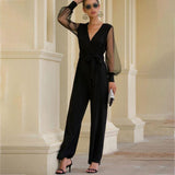 V neck Mesh Long Sleeve Lace up Black Jumpsuit - Easy Pickins Store