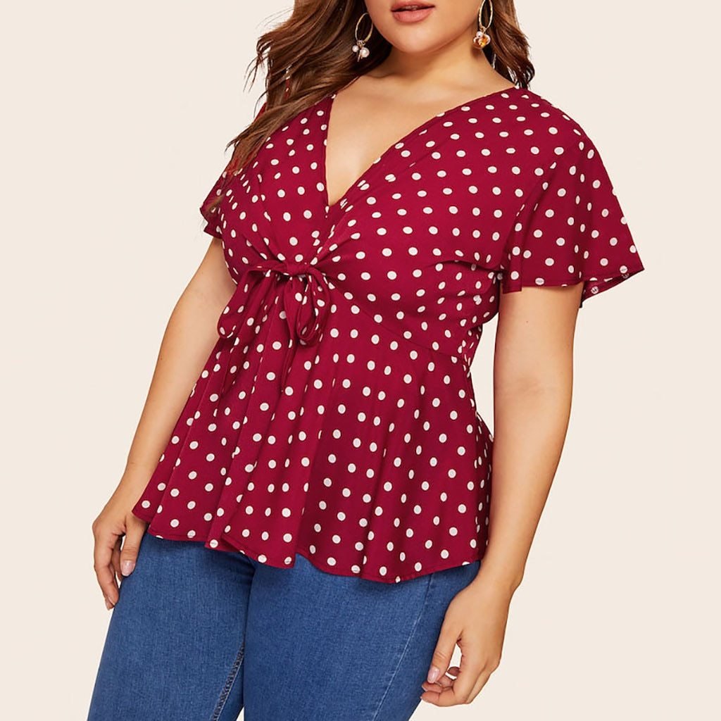 V Neck Short Sleeve Polka Dot Knot Waist Blouse - Easy Pickins Store