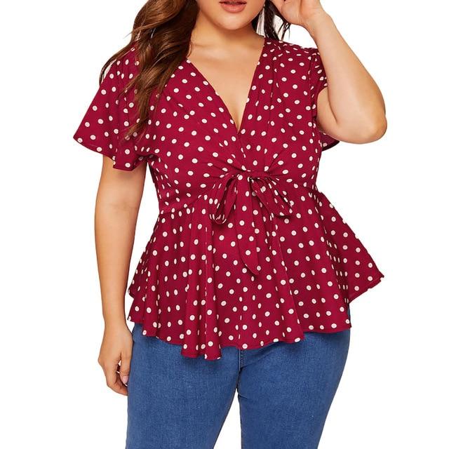 V Neck Short Sleeve Polka Dot Knot Waist Blouse - Easy Pickins Store