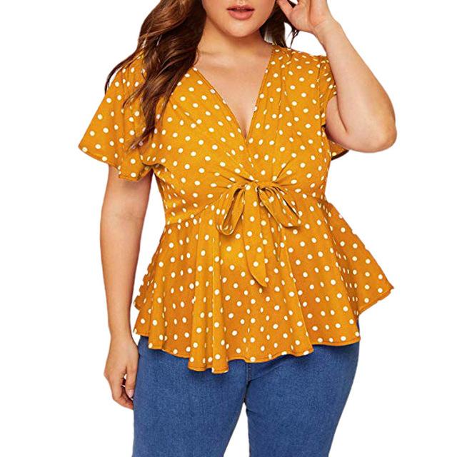 V Neck Short Sleeve Polka Dot Knot Waist Blouse - Easy Pickins Store