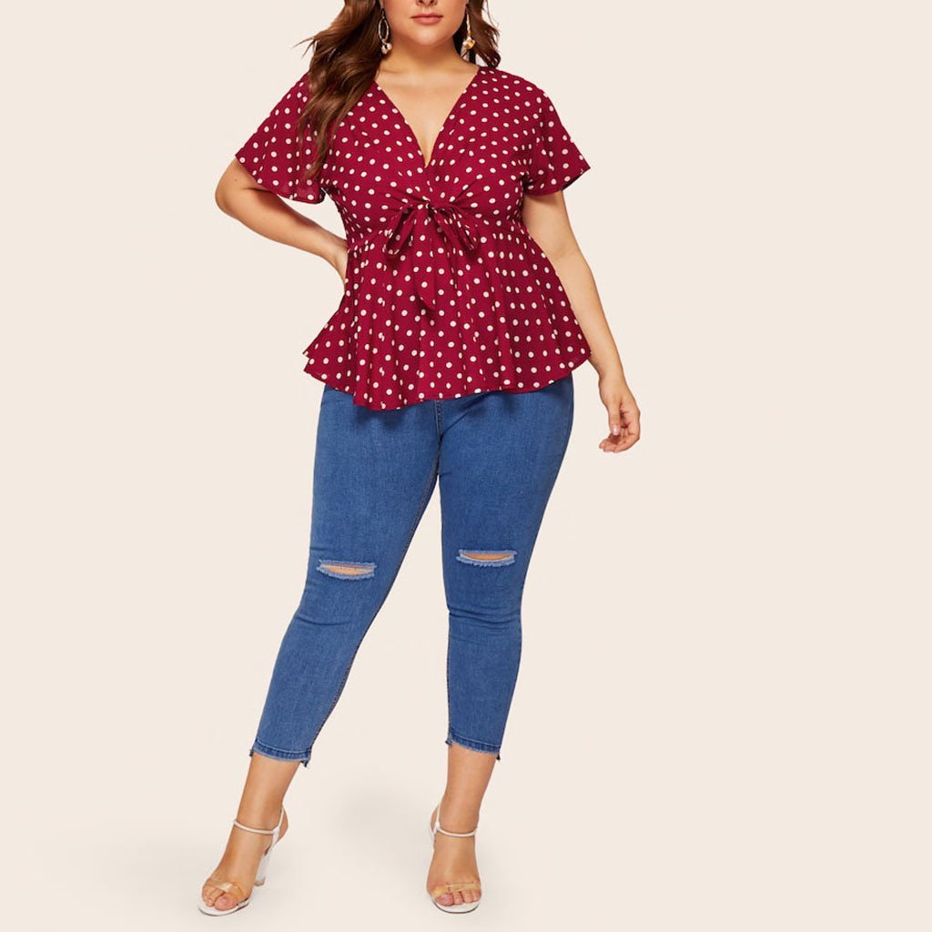 V Neck Short Sleeve Polka Dot Knot Waist Blouse - Easy Pickins Store