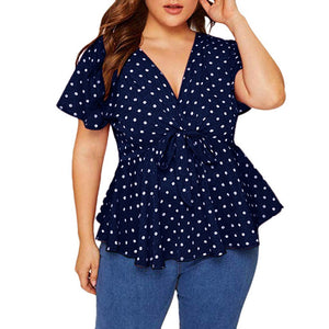 V Neck Short Sleeve Polka Dot Knot Waist Blouse - Easy Pickins Store