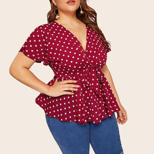 V Neck Short Sleeve Polka Dot Knot Waist Blouse - Easy Pickins Store