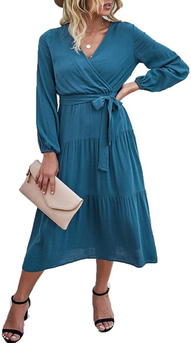 V Neck Wrap Floral Short Sleeve Split Belted Beach Long Dress - Easy Pickins Store