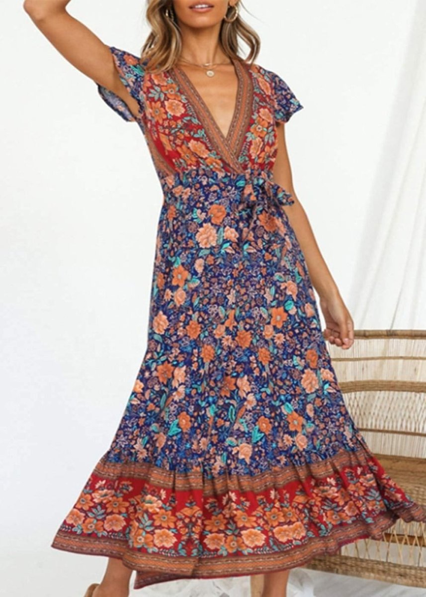 V Neck Wrap Floral Short Sleeve Split Belted Beach Long Dress - Easy Pickins Store