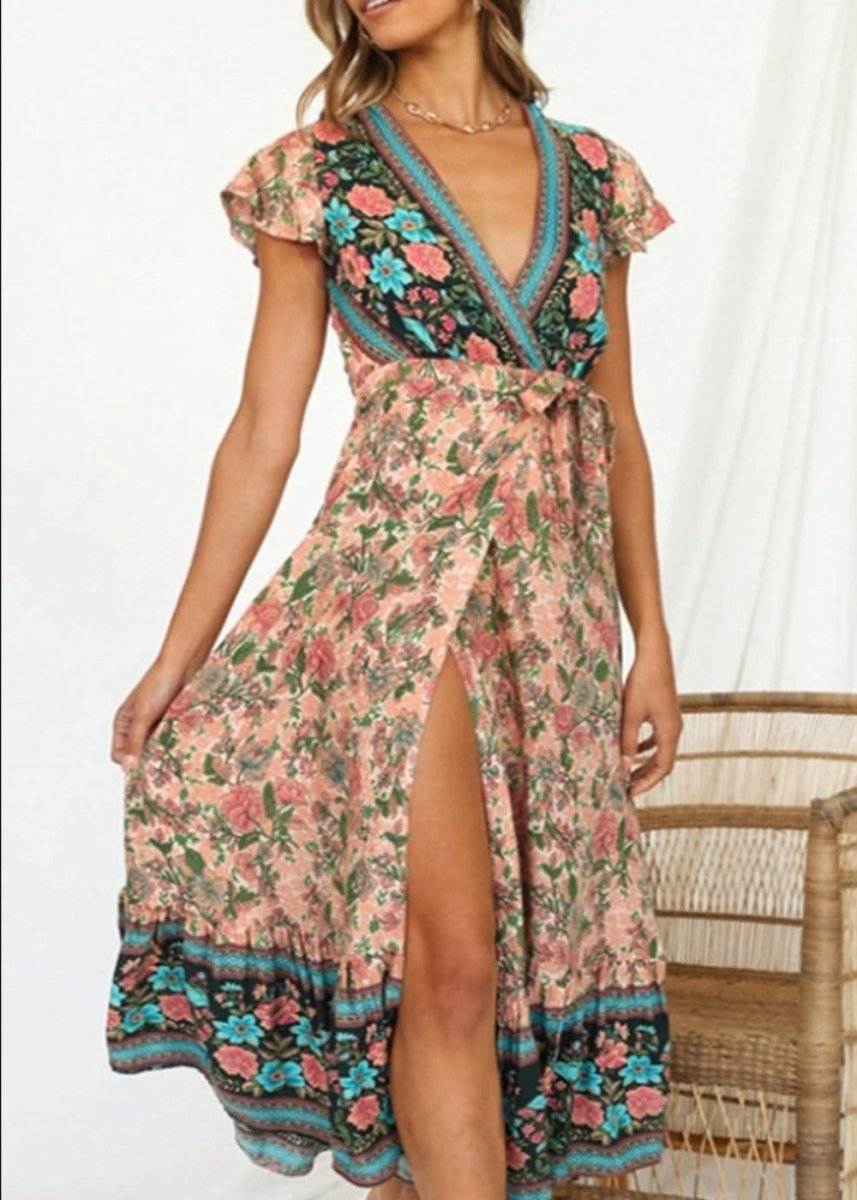 V Neck Wrap Floral Short Sleeve Split Belted Beach Long Dress - Easy Pickins Store