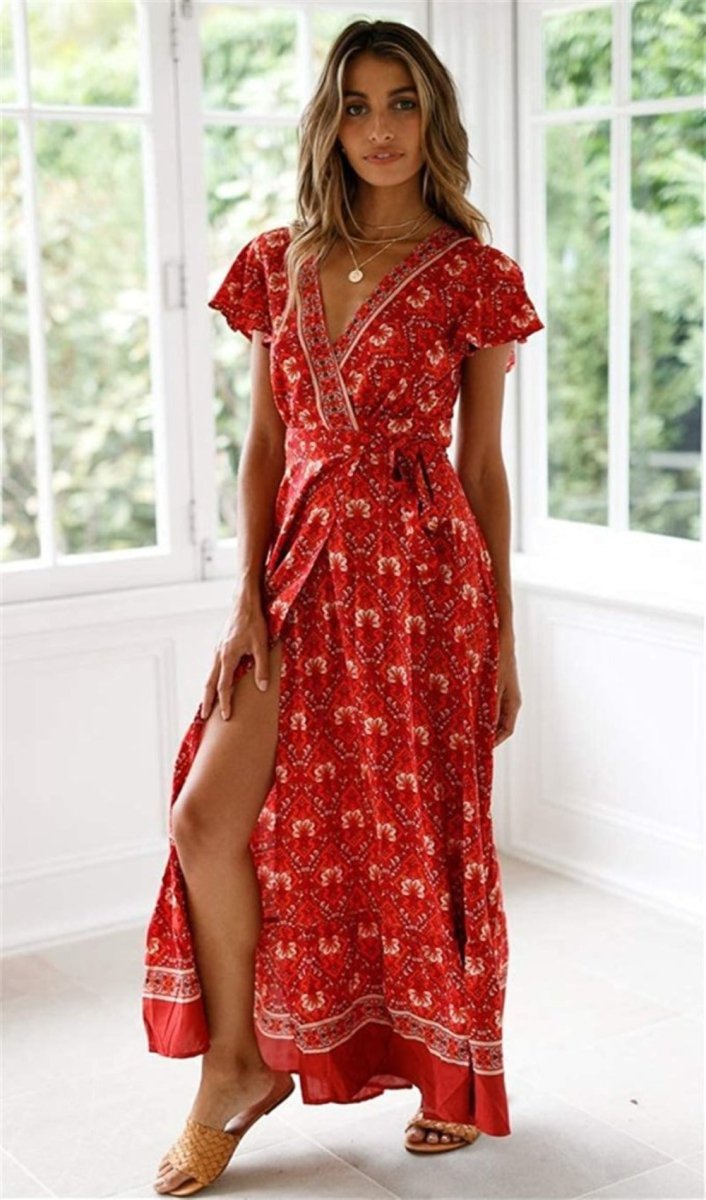 V Neck Wrap Floral Short Sleeve Split Belted Beach Long Dress - Easy Pickins Store