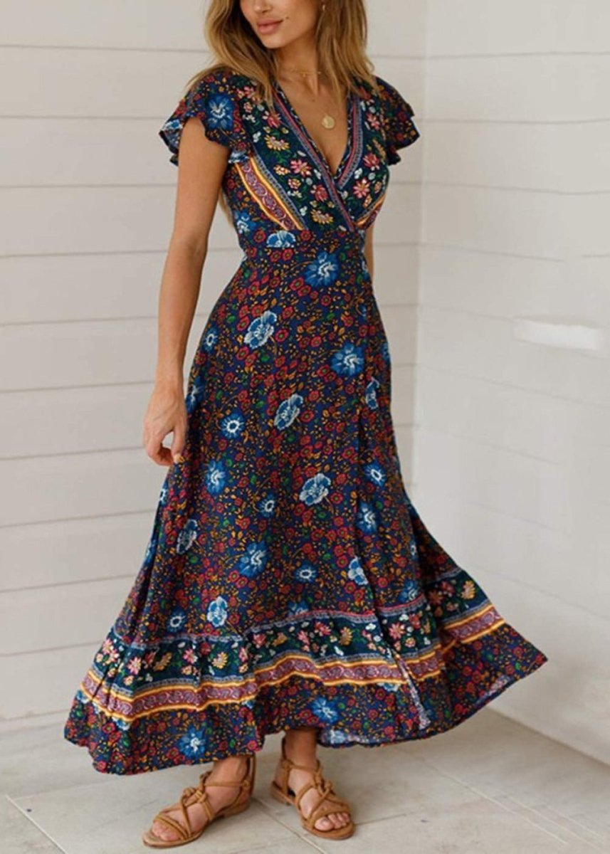 V Neck Wrap Floral Short Sleeve Split Belted Beach Long Dress - Easy Pickins Store