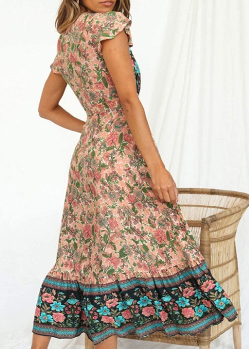 V Neck Wrap Floral Short Sleeve Split Belted Beach Long Dress - Easy Pickins Store