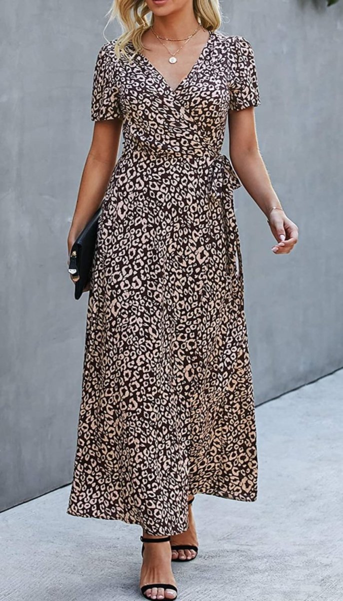 V Neck Wrap Floral Short Sleeve Split Belted Beach Long Dress - Easy Pickins Store