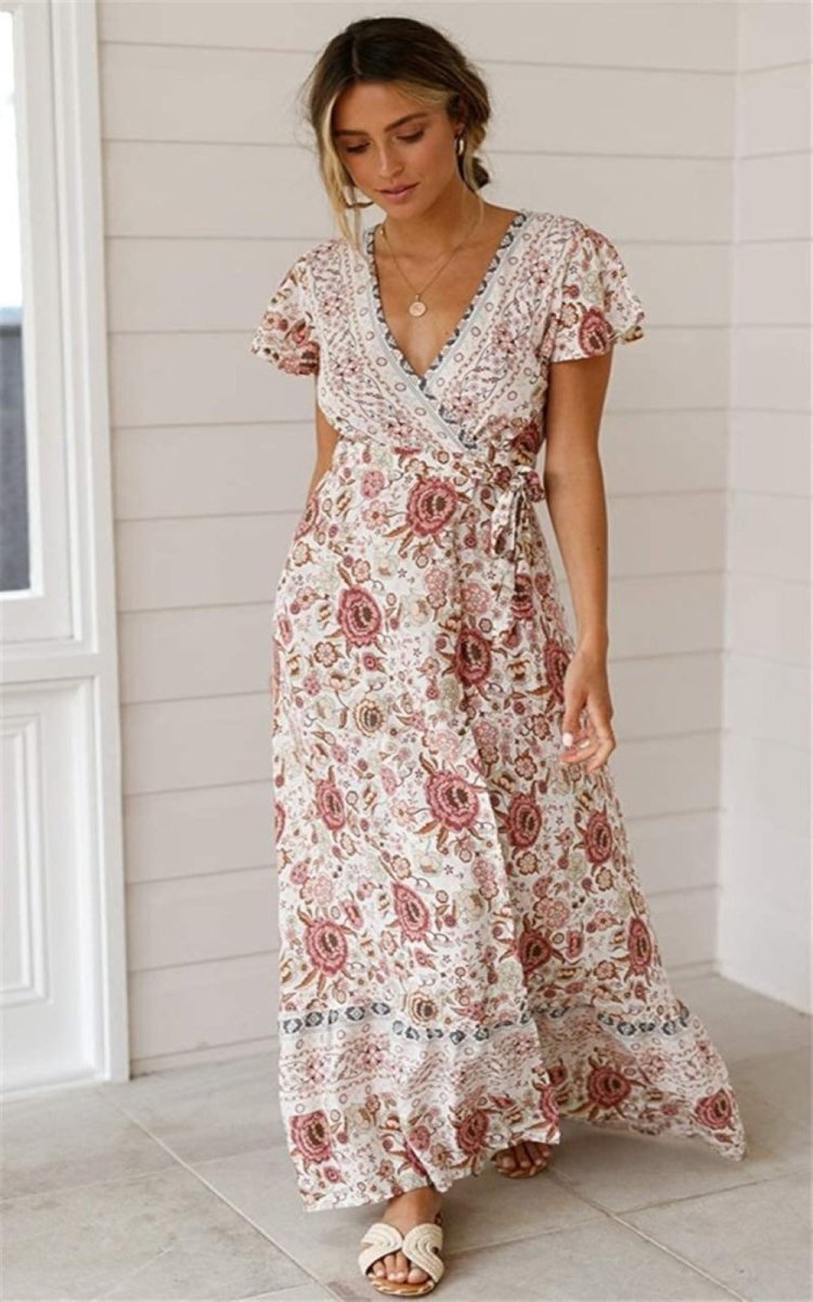 V Neck Wrap Floral Short Sleeve Split Belted Beach Long Dress - Easy Pickins Store