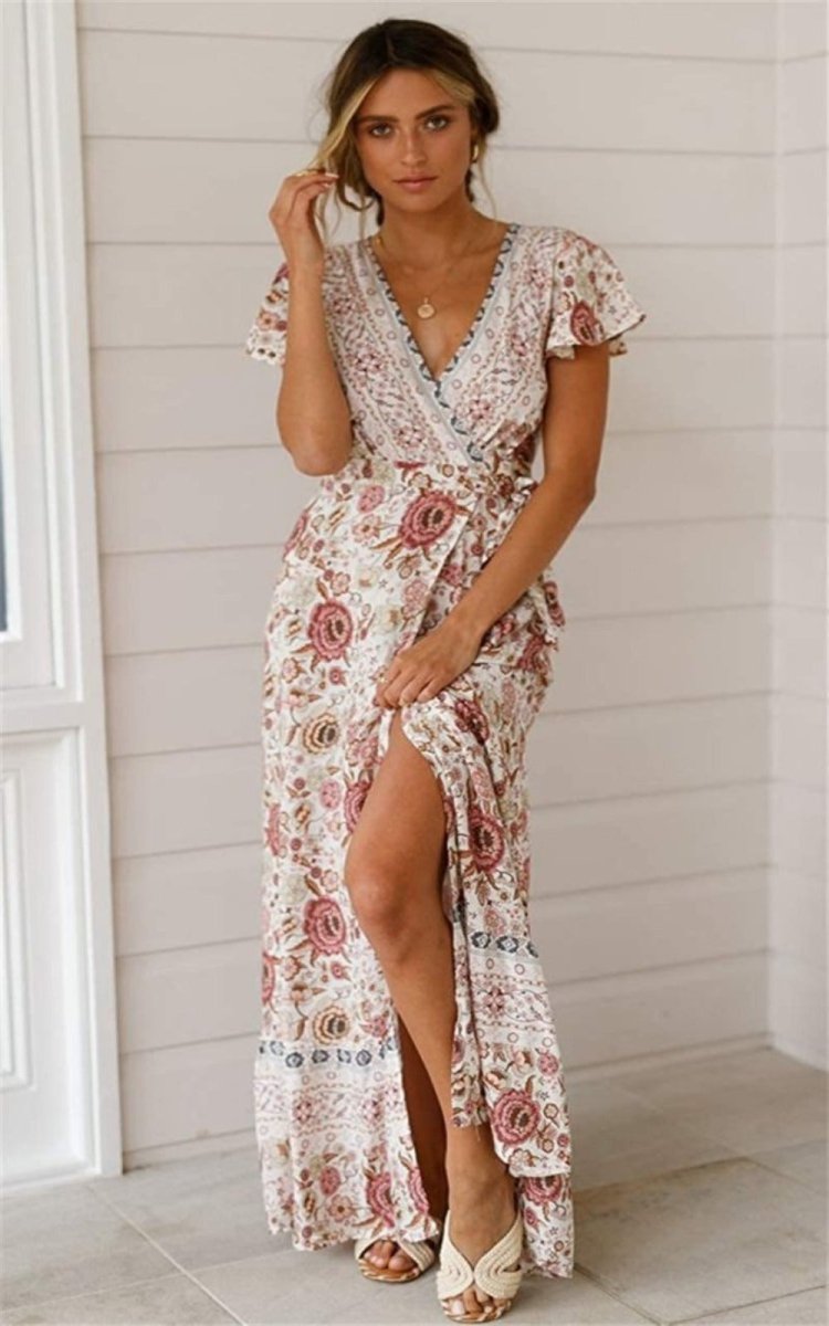 V Neck Wrap Floral Short Sleeve Split Belted Beach Long Dress - Easy Pickins Store
