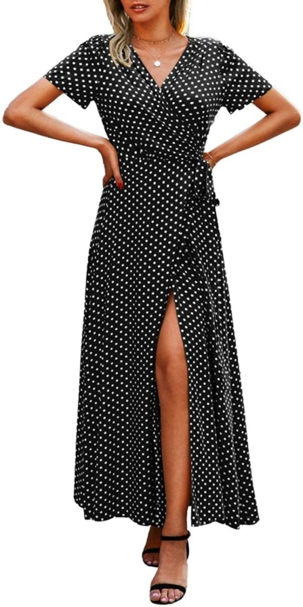 V Neck Wrap Floral Short Sleeve Split Belted Beach Long Dress - Easy Pickins Store