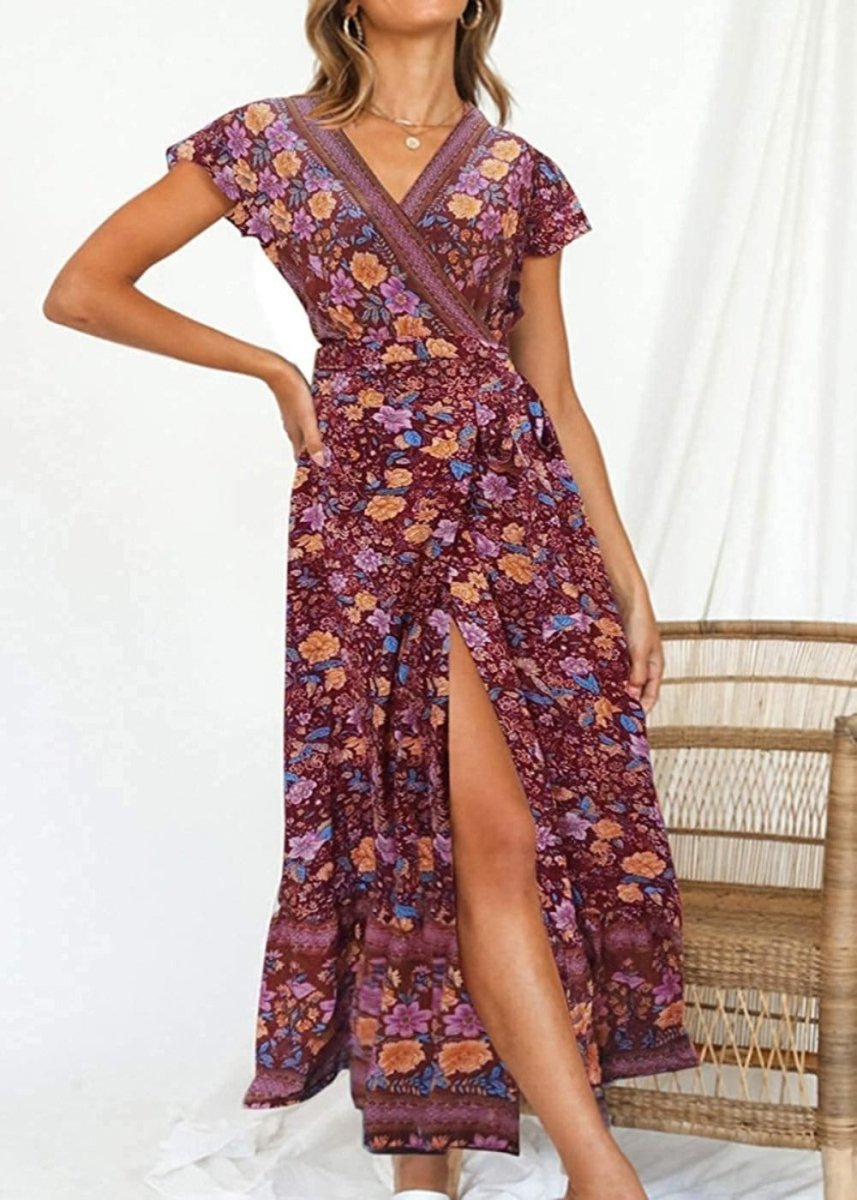 V Neck Wrap Floral Short Sleeve Split Belted Beach Long Dress - Easy Pickins Store
