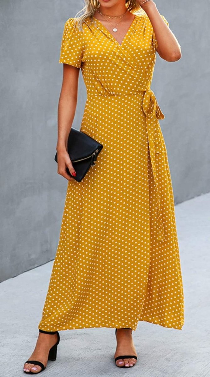 V Neck Wrap Floral Short Sleeve Split Belted Beach Long Dress - Easy Pickins Store