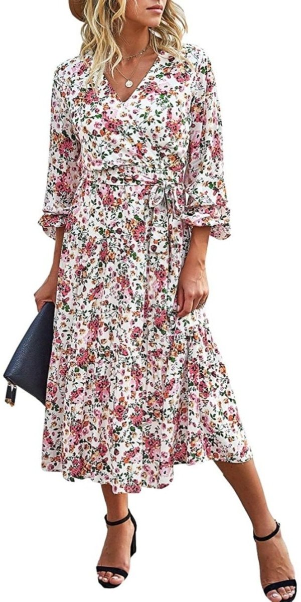 V Neck Wrap Floral Short Sleeve Split Belted Beach Long Dress - Easy Pickins Store
