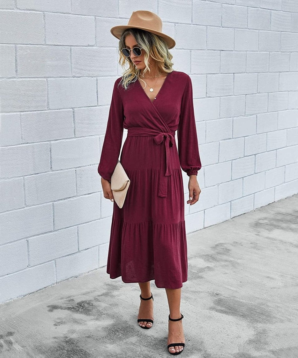 V Neck Wrap Floral Short Sleeve Split Belted Beach Long Dress - Easy Pickins Store