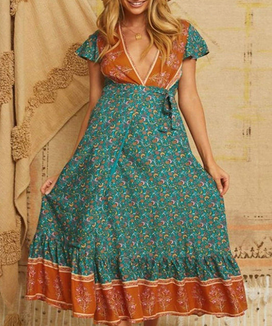 V Neck Wrap Floral Short Sleeve Split Belted Beach Long Dress - Easy Pickins Store