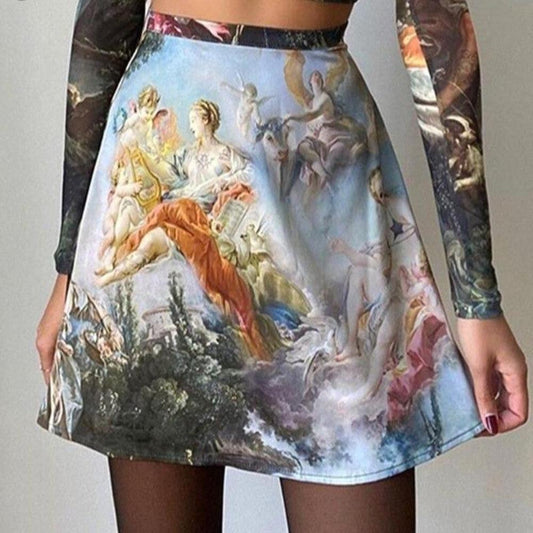 Vintage Fairy Print Dress Set Two Pieces Set High Neck Long Sleeve Crop Top Mini Skirt - Easy Pickins Store