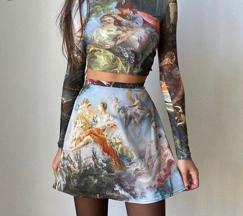 Vintage Fairy Print Dress Set Two Pieces Set High Neck Long Sleeve Crop Top Mini Skirt - Easy Pickins Store