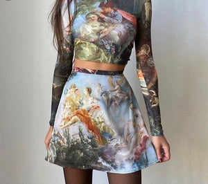 Vintage Fairy Print Dress Set Two Pieces Set High Neck Long Sleeve Crop Top Mini Skirt - Easy Pickins Store