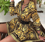 Vintage Print Gold Short Dress V Neck - Easy Pickins Store