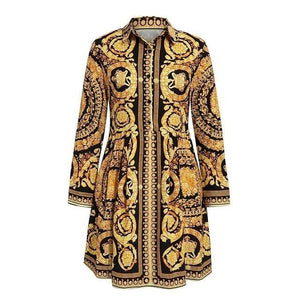 Vintage Print Gold Short Dress V Neck - Easy Pickins Store