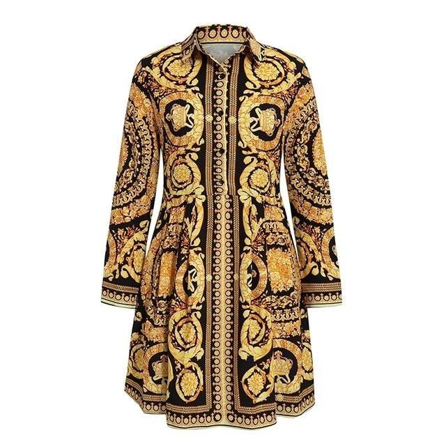 Vintage Print Gold Short Dress V Neck - Easy Pickins Store