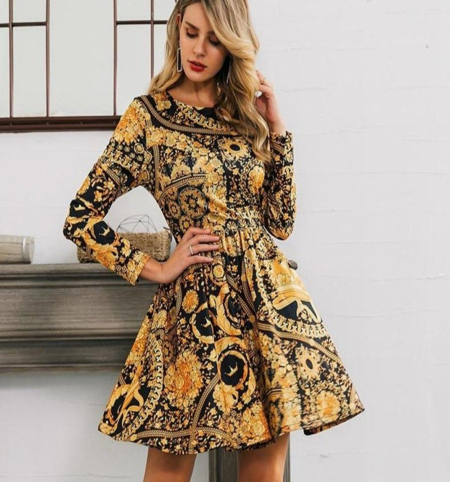 Vintage Short Dress Long Sleeve Gold Elegant - Easy Pickins Store