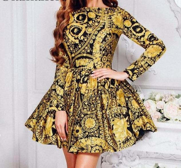 Vintage Short Dress Long Sleeve Gold Elegant - Easy Pickins Store