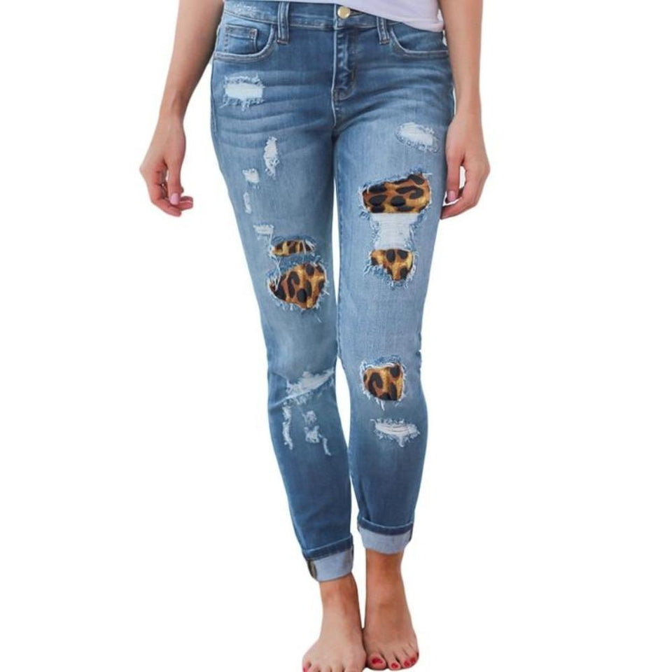 Waist Skinny Jeans Patchwork Irregular Ribbed Holes Pencil Stretch Slim Plus Sizes - Easy Pickins Store