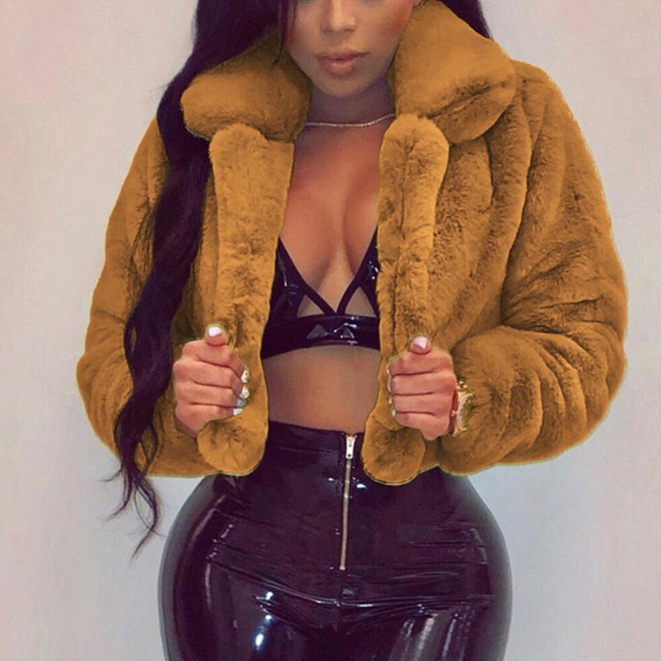 Warm Fluffy Faux Fur Cropped Jacket Turn Down Collar Open Front - Easy Pickins Store