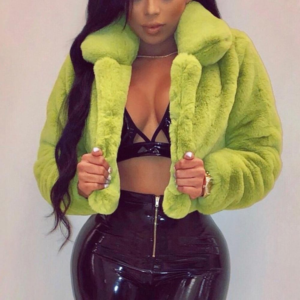 Warm Fluffy Faux Fur Cropped Jacket Turn Down Collar Open Front - Easy Pickins Store