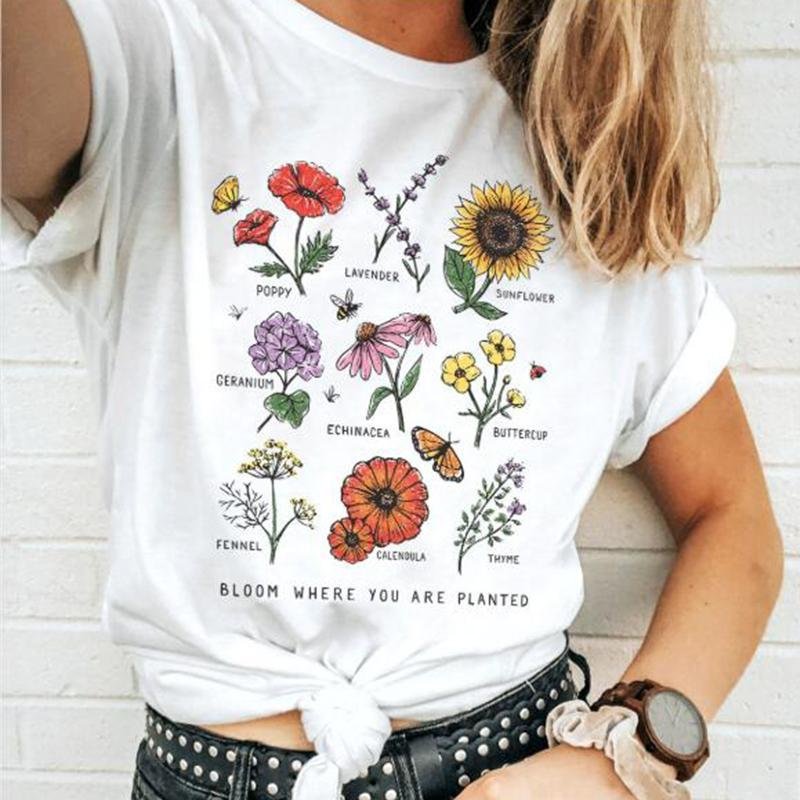 Where You Are Planted Botanical Flower Cotton Sunflowers Over - sized Colorful T Shirt - Easy Pickins Store