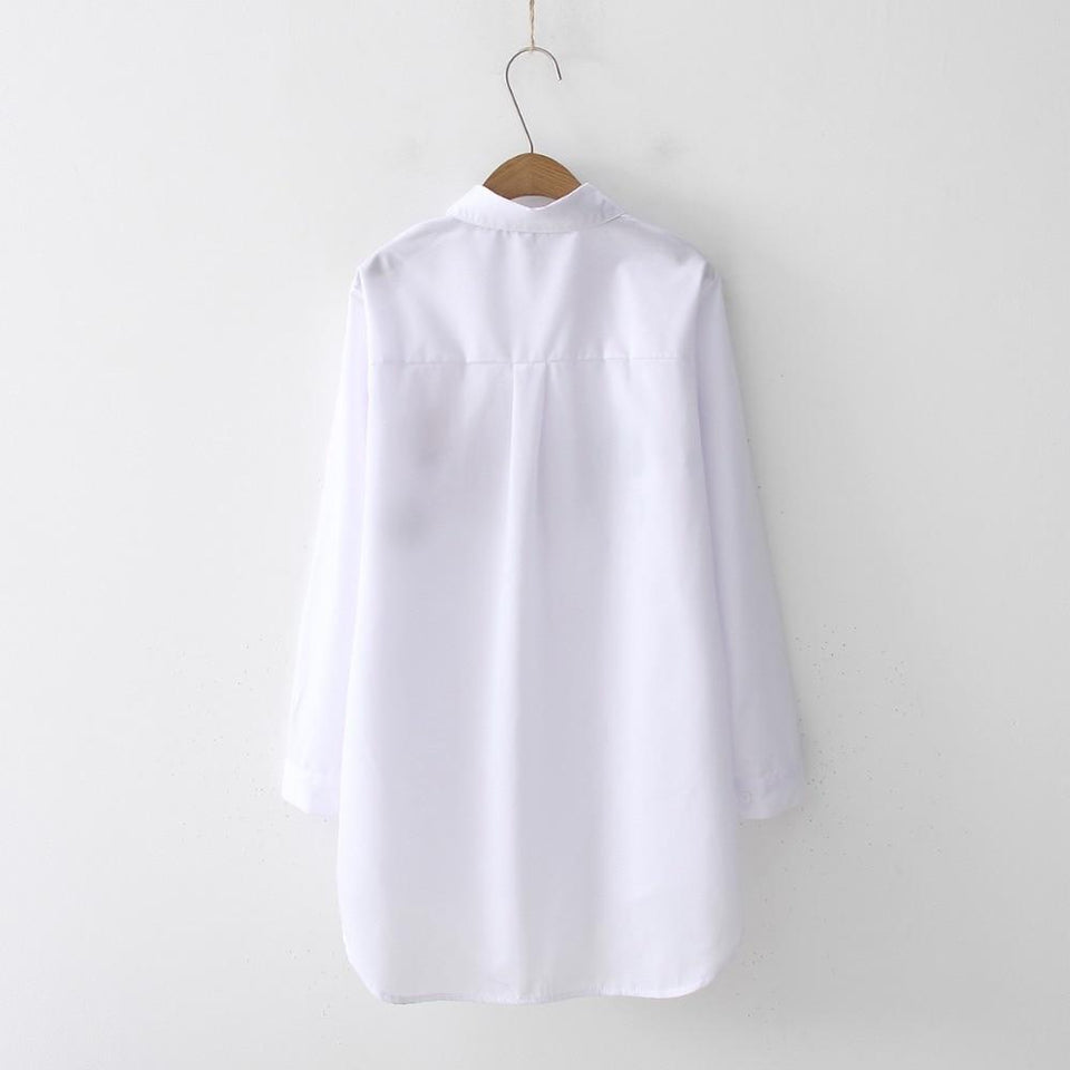 White Button Up Turn Down Collar Long Sleeve Cotton Blouse - Easy Pickins Store