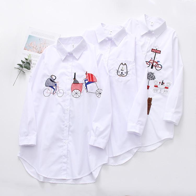 White Button Up Turn Down Collar Long Sleeve Cotton Blouse - Easy Pickins Store