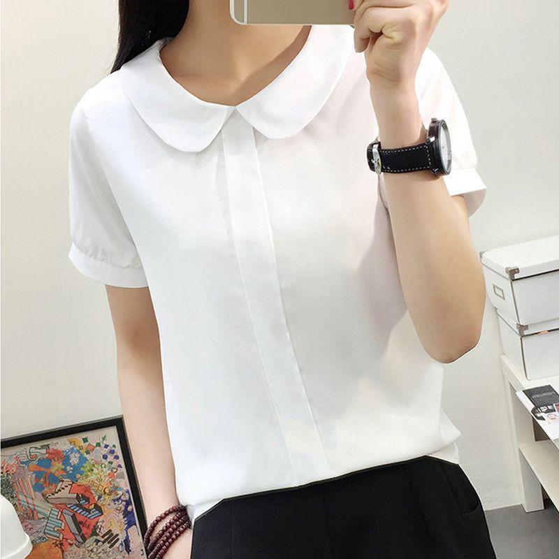 White Sweet Chiffon Short Sleeve Peter Pan Collar Blouse - Easy Pickins Store