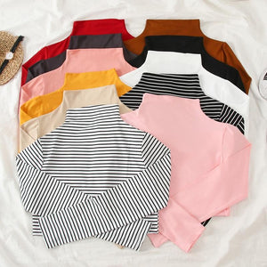 Women Causal Solid Slim Bottoming t-Shirt Stripe Long Sleeve Turtleneck - Easy Pickins Store