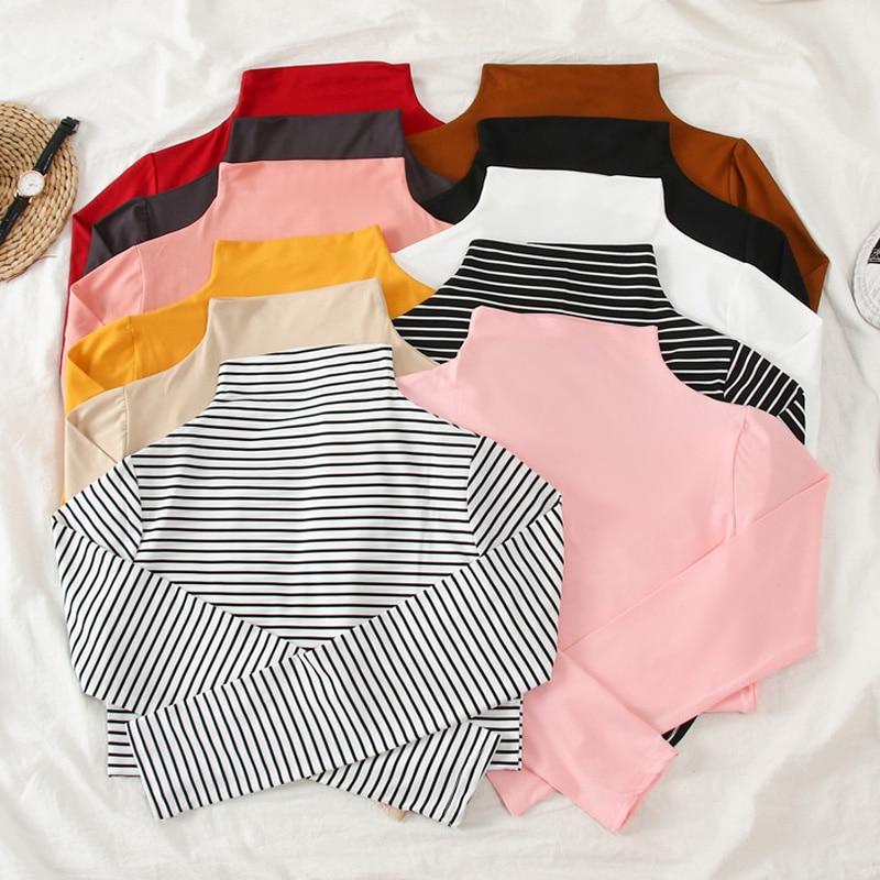 Women Causal Solid Slim Bottoming t-Shirt Stripe Long Sleeve Turtleneck - Easy Pickins Store