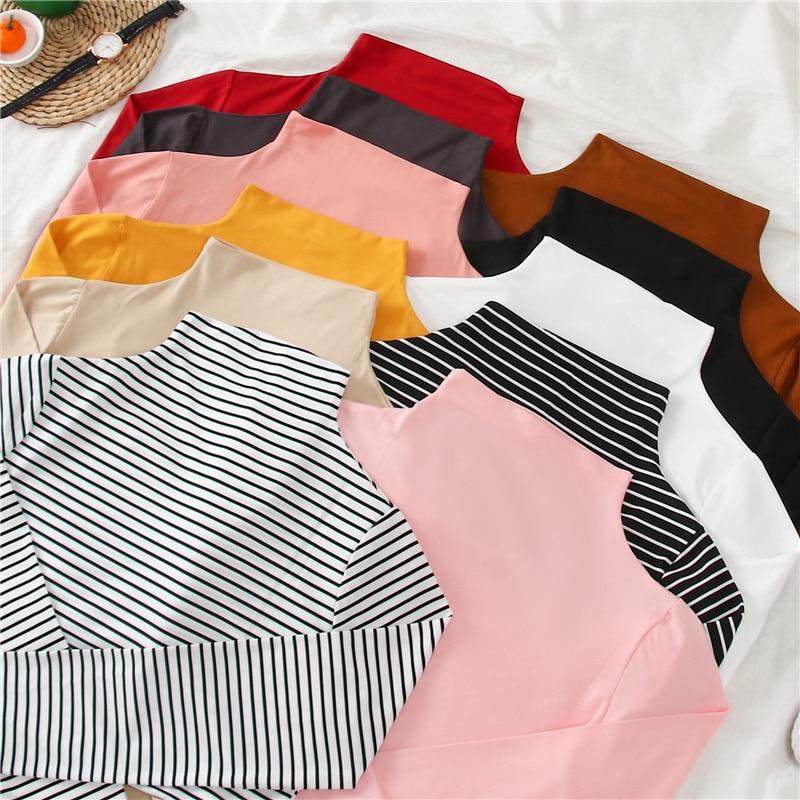 Women Causal Solid Slim Bottoming t-Shirt Stripe Long Sleeve Turtleneck - Easy Pickins Store