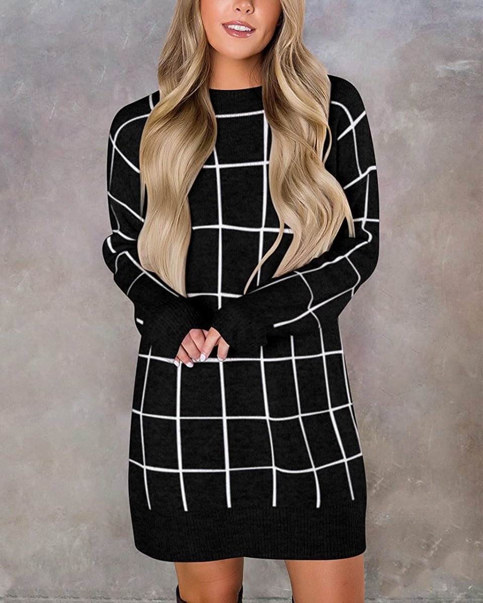 Women Crew Neck Knit Plaid Pullover Sweater Dress - Easy Pickins Store