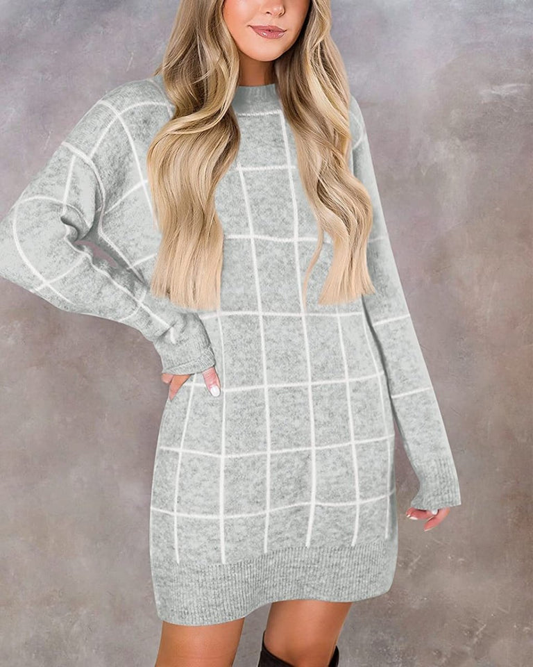 Women Crew Neck Knit Plaid Pullover Sweater Dress - Easy Pickins Store