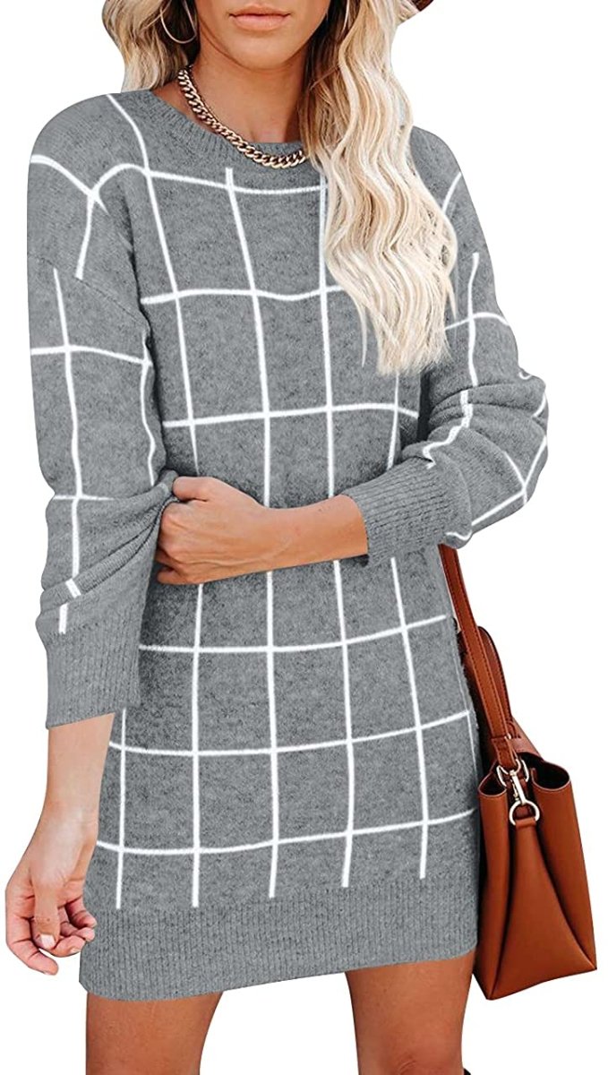 Women Crew Neck Knit Plaid Pullover Sweater Dress - Easy Pickins Store