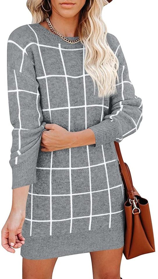 Women Crew Neck Knit Plaid Pullover Sweater Dress - Easy Pickins Store