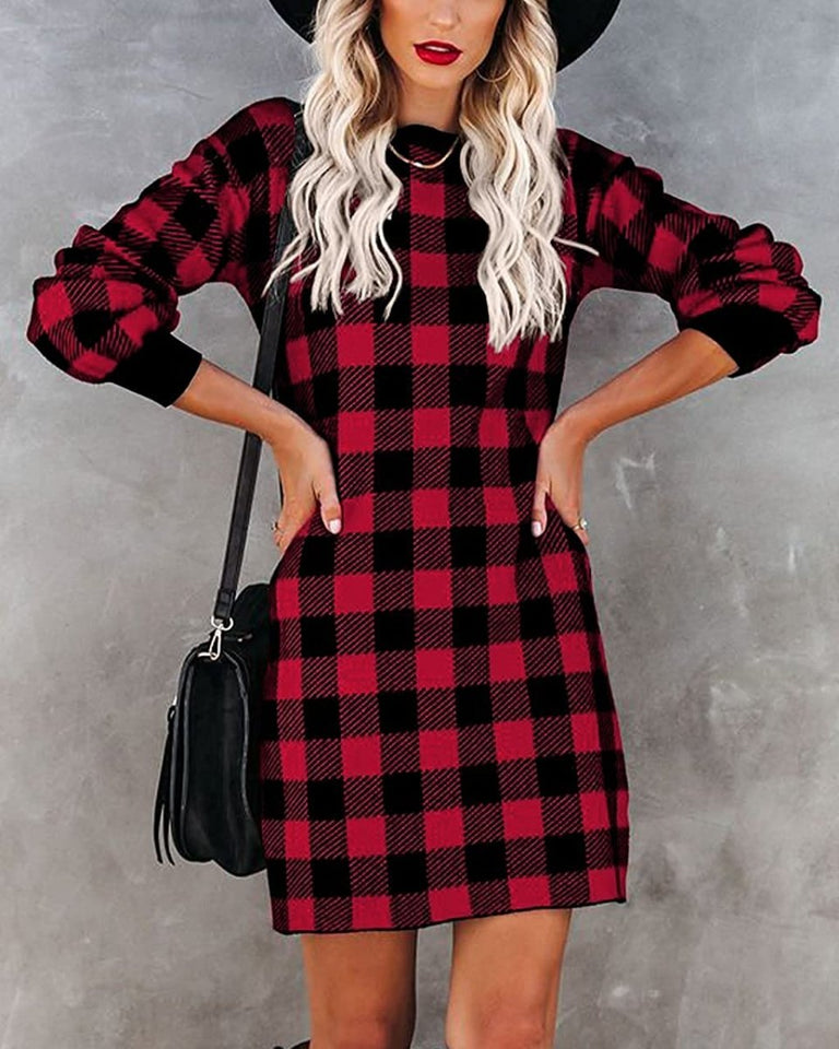 Women Crew Neck Knit Plaid Pullover Sweater Dress - Easy Pickins Store