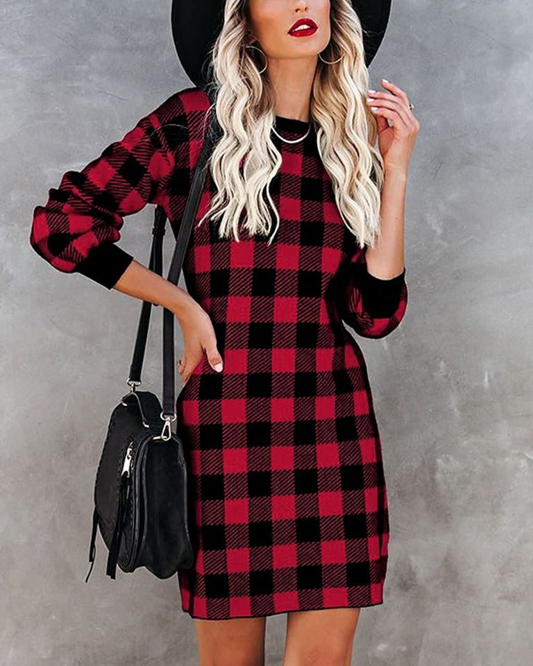 Women Crew Neck Knit Plaid Pullover Sweater Dress - Easy Pickins Store