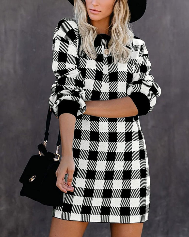 Women Crew Neck Knit Plaid Pullover Sweater Dress - Easy Pickins Store